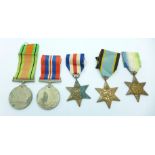 A set of five WWII medals comprising The Air Crew Europe Star, Defence Medal, War Medal 1939-1945,