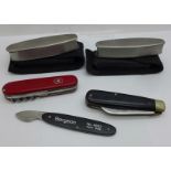 Three multi-tool pocket knives, one other and a watch case knife, (5)