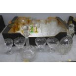 A box of glassware including two etched glass decanters **PLEASE NOTE THIS LOT IS NOT ELIGIBLE FOR