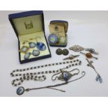 Silver and other jewellery including a silver sports badge by Fattorini and Wedgwood set