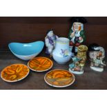 Three small Poole Pottery plates, a Poole Pottery vase, a Midwinter Stylecraft Cannes pattern