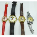 Two Mickey Mouse wristwatches, a Timex Cinderella wristwatch and a Minnie Mouse wristwatch, (4)