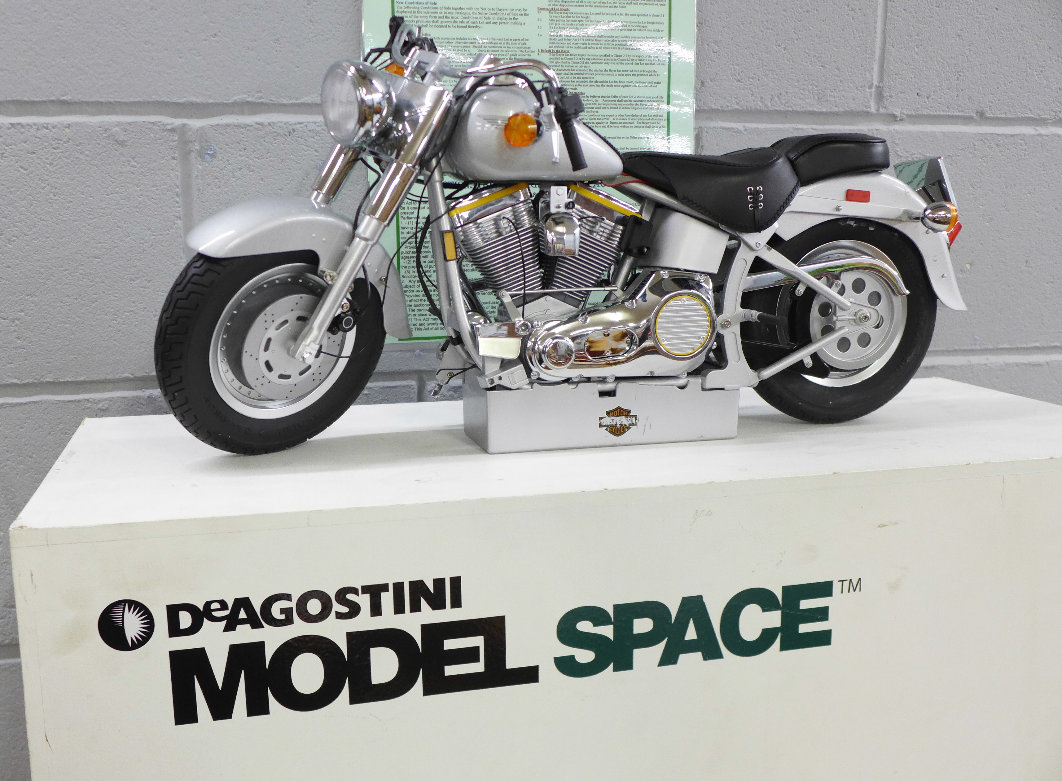 A large DeAgostini model of a Harley-Davidson FLSTF Fatboy 1:4 scale motor bike, with box, a/f, 59cm