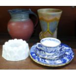An Art Deco vase, a St. Agnes Pottery stoneware jug, a Shelley jelly mould and four items of Royal