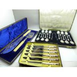A cased set of twelve plated Arts and Crafts tea spoons, late Victorian fish servers and six cake
