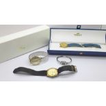 Three wristwatches including two Tissot, and a lady's bangle wristwatch case, no movement