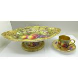 A Royal Worcester pedestal dish, hand decorated with fruit and signed T. Lockyer, (Thomas), 31.