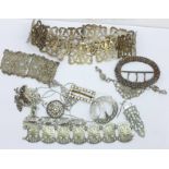 A marcasite bracelet, other jewellery and three buckles, (some for repair)