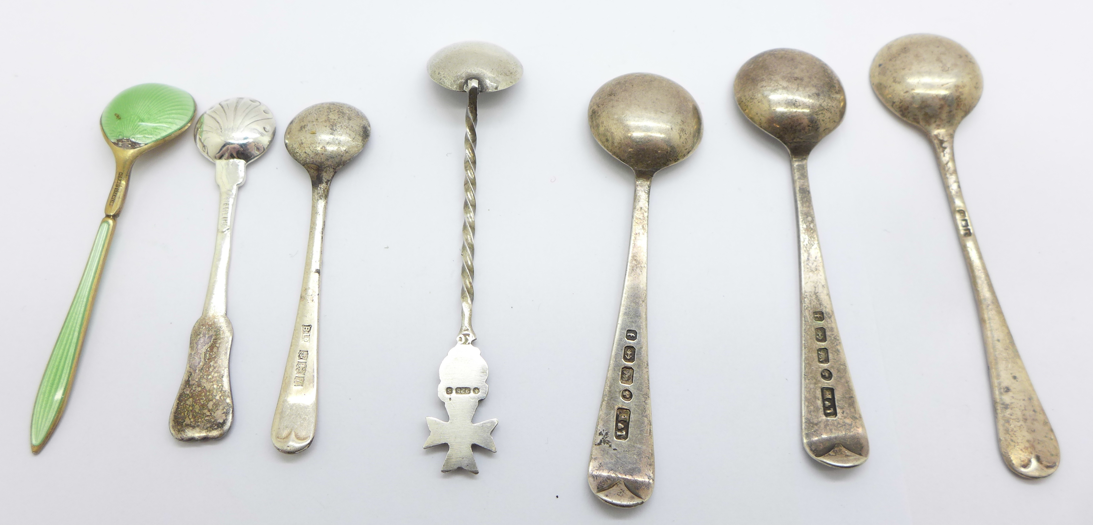 Seven silver salt condiment spoons including one enamelled marked Norway, enamel on bowl a/f, - Image 2 of 2