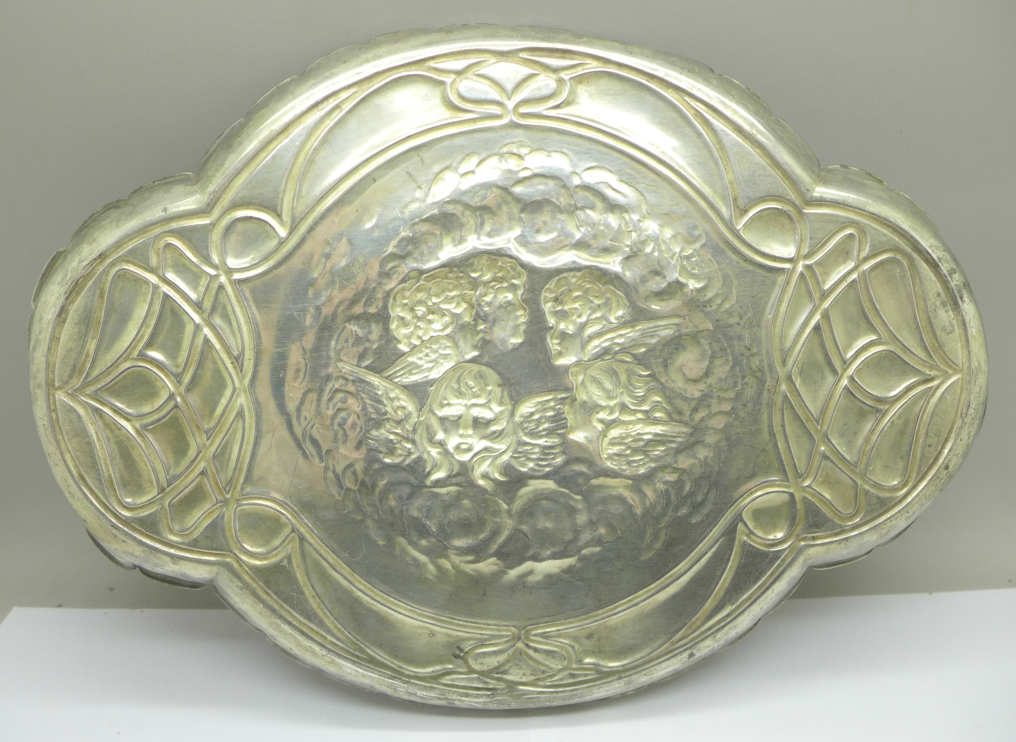 A plated dressing table tray with Reynolds angels, marked J.C. & Co. Ltd., 30cm - Image 3 of 3