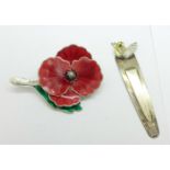 A silver and enamel poppy brooch by Wakely & Wheeler, 45mm x 63mm, and a 925 silver paper clip or