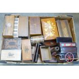 A box of treen including Thorens no.30 music box and six other musical boxes, etc.