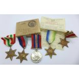 Five WWII medals with compliment slip and box addressed to Mr H. Anderson