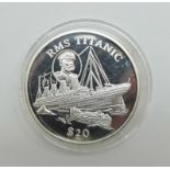 A 1998 Republic of Liberia one ounce fine silver $20 proof coin, RMS Titanic