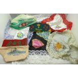 Sweetheart handkerchiefs including Royal Scots Greys, The West Riding and HMS Hood, two WLA