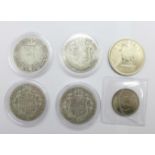 Six coins; four half crowns, 1899, 1907, 1908 and 1909, and a Rhodesia 1964 Queen Elizabeth II