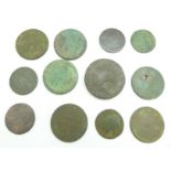 Twelve bronze coins including a two penny (counter struck), cartwheel pennies, tokens, etc., 18th