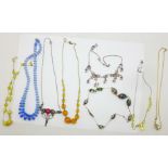 Eight vintage necklaces including Art Deco glass and one Murano