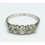 A white metal set, five stone diamond ring, 2.1g, O