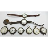 Seven gun metal cased watches and one other watch, (8), a/f, (trench watch lacking case back)