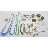 Vintage jewellery, etc., including faceted bead necklaces and drop earrings
