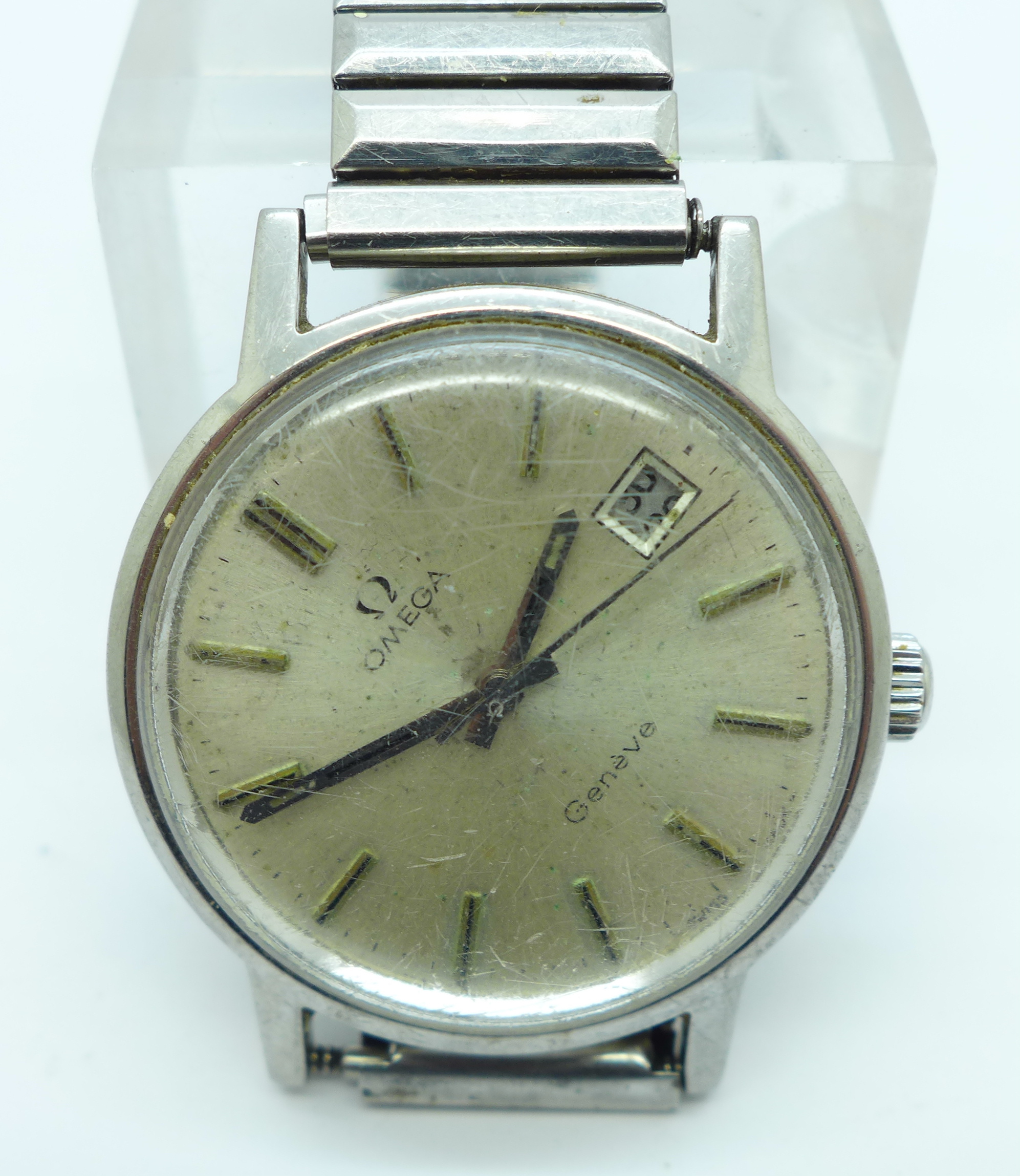 An Omega Geneve wristwatch with date, on a Speidel expanding bracelet, a/f