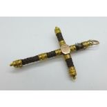 A Georgian yellow metal and hair mourning cross pendant or brooch, lacking pin, 54mm x 38mm