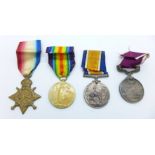 A trio of WWI medals to 11148 Pte. T. Edwards, Liverpool Regt. and a George V For Long Service and