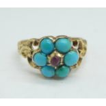 A Victorian turquoise and ruby ring, (tests as high carat gold), 2.2g, N