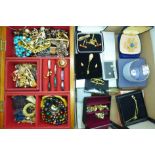 A wooden jewellery box and contents and a tray of costume jewellery, some boxed