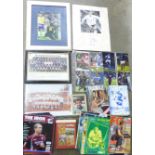 Football; a collection of signed pictures, programmes, football league reviews, etc.