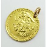 A George III gold sovereign, 1820, pierced with 9ct link, some dents on the rim, total weight 8.2g