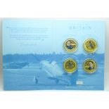 A Jubilee Mint four coin collection, Battle of Britain Aircraft & Aces, 24ct gold plated, finish