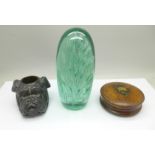 A Victorian glass dump, 15cm, a pewter match strike in the the form of bull dog, rim of liner a/f,