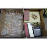 A box of mixed crystal glasses, Babycham glasses, etc. and a box of cased flatware including a