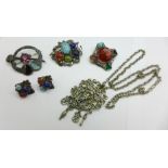 Two Miracle brooches and a pendant with chain, a Mizpah brooch and a pair of clip-on earrings