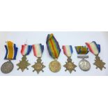 Seven WWI medals;-1914 Mons Star to 29492 Sapr. F. Kemp. R.E.; Victory medal to 1192 Gnr. R.J. Moore