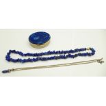 A lapis lazuli mounted metal trim snuff/pill box, a necklace and a pendant with chain