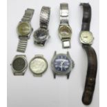 Six wristwatches including Superoma with blue dial, Biemsons with black dial, 28mm, Audax, 26mm, and