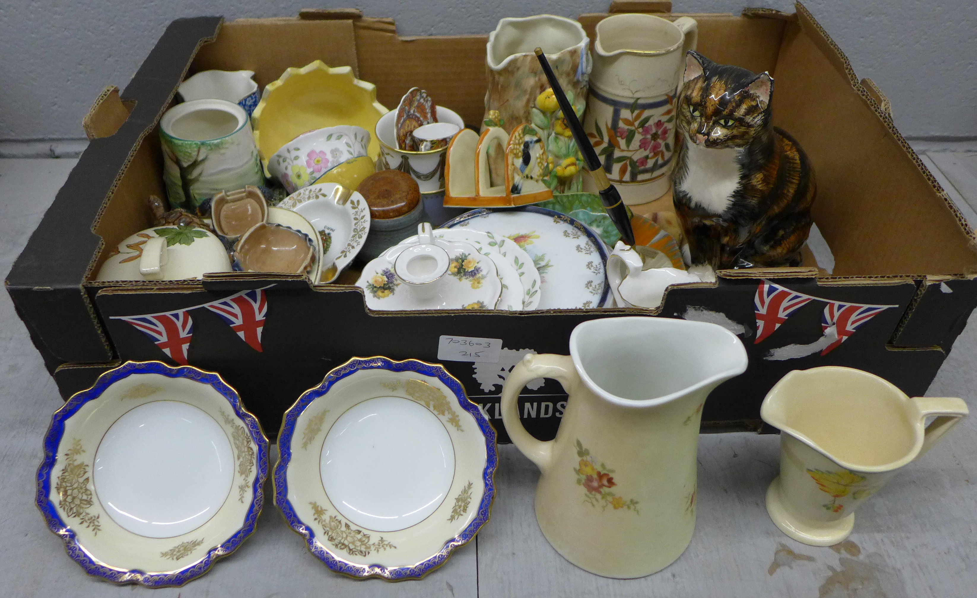 Decorative china including a Winstanley cat, a/f and Art Deco **PLEASE NOTE THIS LOT IS NOT ELIGIBLE