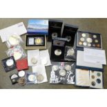 A collection of commemorative coins including 2022 Beijing winter Olympics, 2012 £5, Battle of