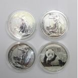 Four 1oz. silver coins, .999 fine silver, three silver Britannia £2 coins, years 2017, 2020 and