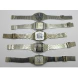 Five wristwatches including Seiko digital and Citizen quartz Crystron, (Odyssey glass a/f)
