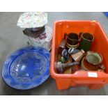 A box of china, copper jug, stoneware vase, etc. **PLEASE NOTE THIS LOT IS NOT ELIGIBLE FOR