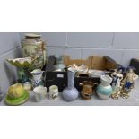 A collection of china including a Sooty mug, Royal Doulton match strike, a/f, lustre jugs, a large