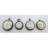 Four silver fob watches, a/f