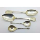 Two 19th Century silver serving spoons and a pair of silver spoons, 194g