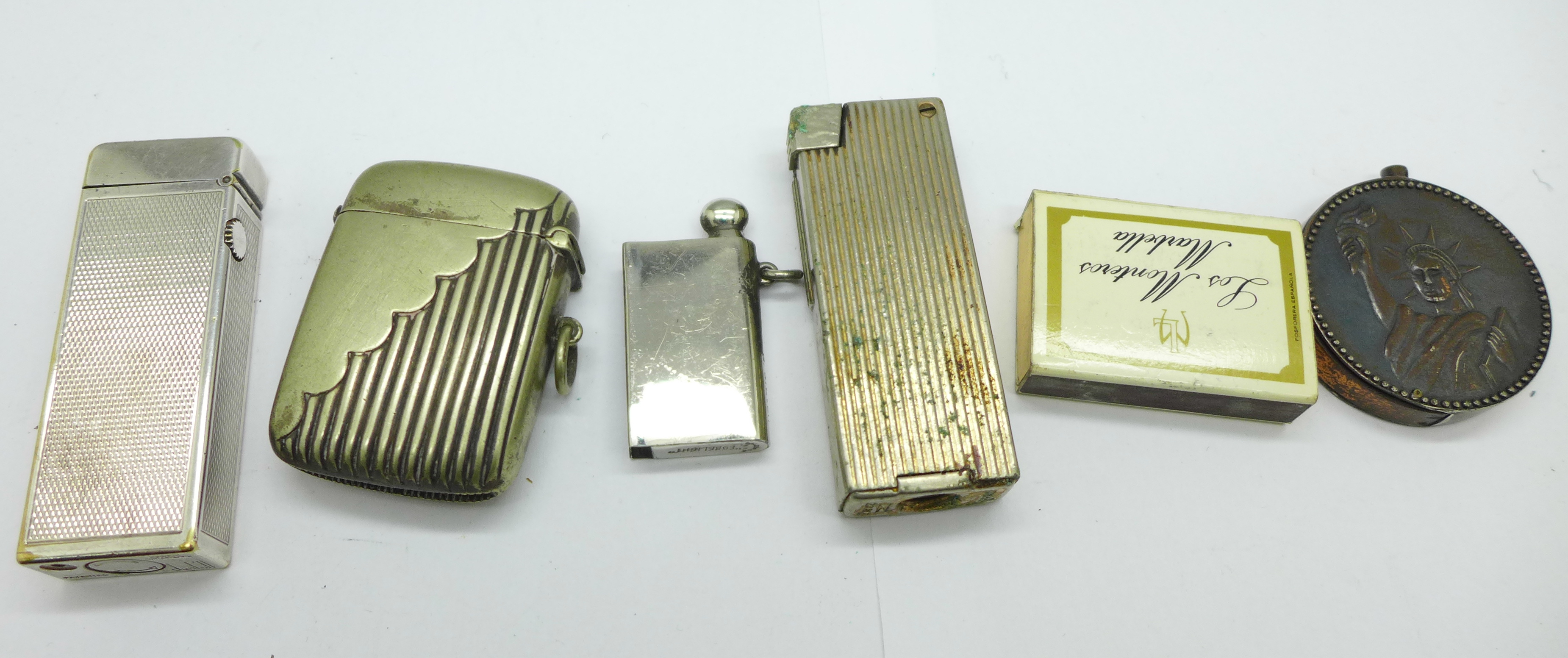 Three lighters including Dunhill, with initials, and novelty John F. Kennedy, a vesta case, etc., - Image 4 of 4