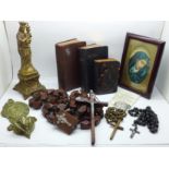 A collection of religious items including Holy Mary and child Jesus figure, Holy water holder, large