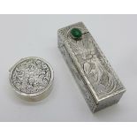 A 1930's/1940's 800 silver lipstick holder with engraved case and set with green cabochon stone